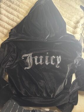Juicy Couture Black Velour Hooded Jacket with Rhinestone Juicy Logo